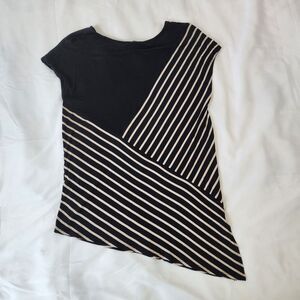 Asymmetrical Striped Tunic Top Black Beige Cap Sleeve Women's Size L Used